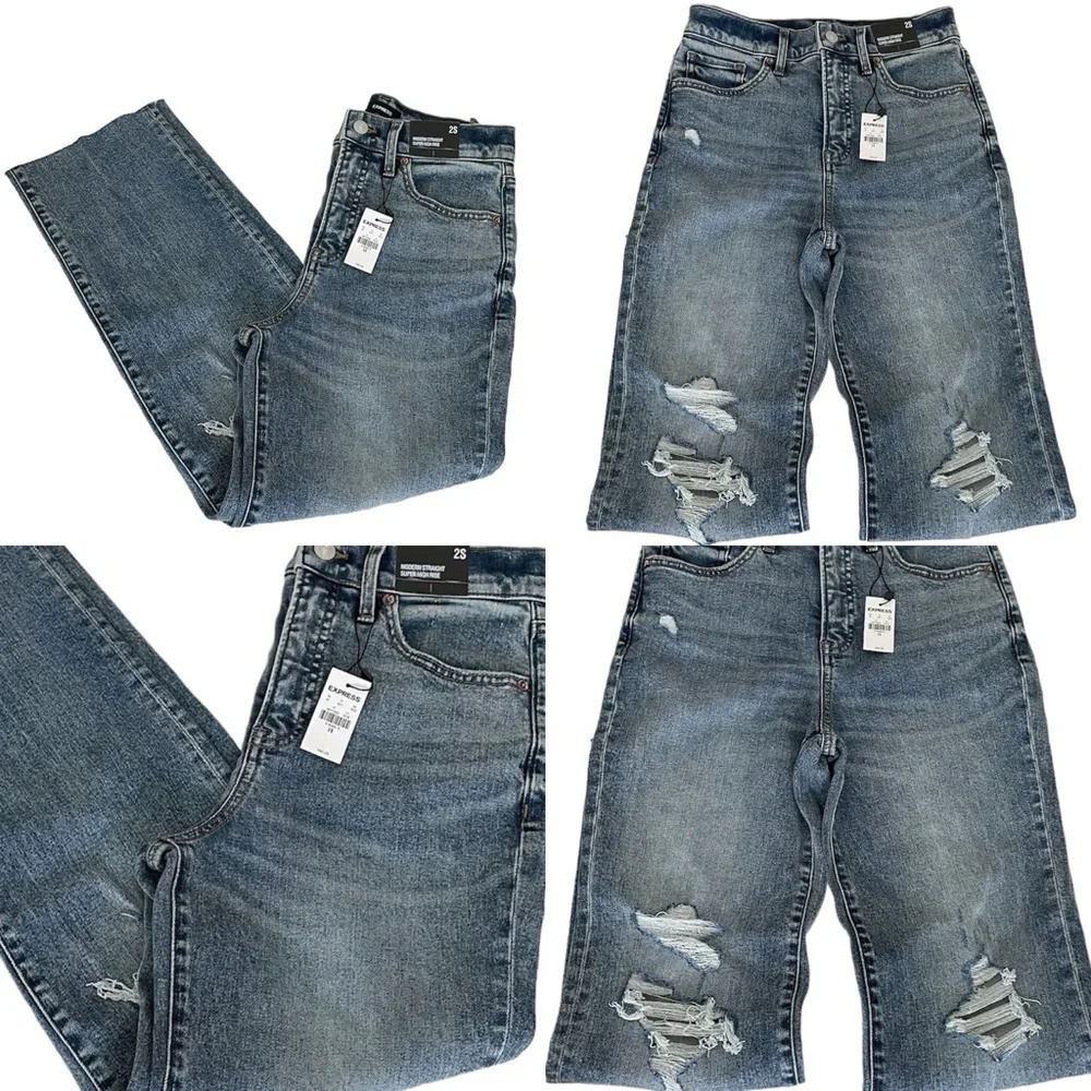 Express Modern Straight Leg Super High Rise Distressed Blue Jeans Women’s 2S NWT - Picture 14 of 14